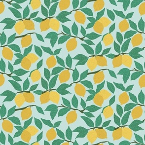 Lemon Tree | | Yellow Lemons and Green Leaves on Blue || Coastal Cottage Collection by Sarah Price 