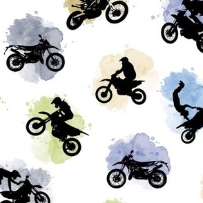 (medium) Motocross, motorcycle bike riders w/t watercolor splashes, blue green, medium scale 
