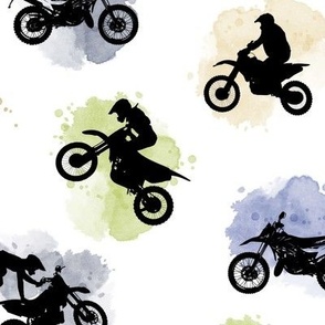 (large) Motocross, motorcycle bike riders w/t watercolor splashes, blue green, large scale 