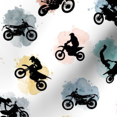 (medium) Motocross, motorcycle bike riders w/t watercolor splashes, rust aqua, medium scale 