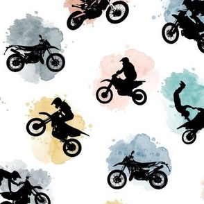 (medium) Motocross, motorcycle bike riders w/t watercolor splashes, rust aqua, medium scale 