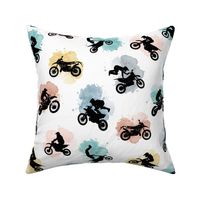 (large) Motocross, motorcycle bike riders w/t watercolor splashes, rust aqua, large scale 