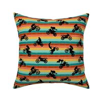 (small) Motocross, motorcycle bike riders on teal, rust, yellow stripes, small scale 