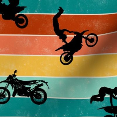(medium) Motocross, motorcycle bike riders on teal, rust, yellow stripes, medium scale 