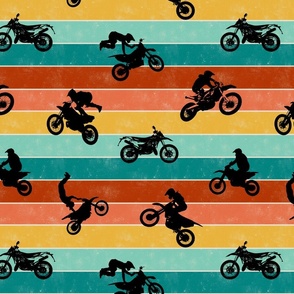 (medium) Motocross, motorcycle bike riders on teal, rust, yellow stripes, medium scale 