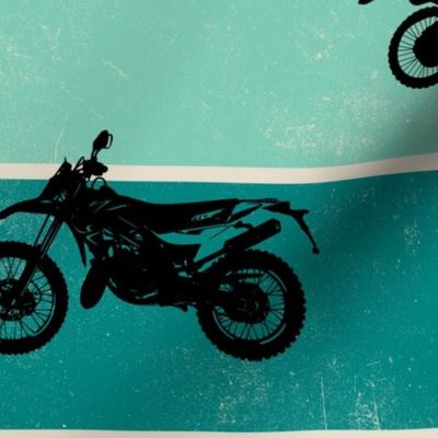 (large) Motocross, motorcycle bike riders on teal, rust, yellow stripes, large scale 