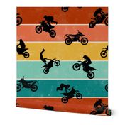(large) Motocross, motorcycle bike riders on teal, rust, yellow stripes, large scale 