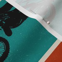 (large) Motocross, motorcycle bike riders on teal, rust, yellow stripes, large scale 