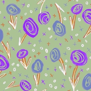 Sketchy Wildflower Florals - Sage Green/Purple/Petrol - 12 inch
