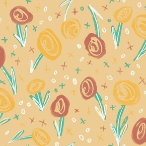 Sketchy Wildflower Florals - Lemon/Terracotta/Emerald - 12 inch