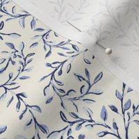 Garden Stroll Dark Blue Vintage watercolor leaf vine indigo blue, light blue, and cream linen 