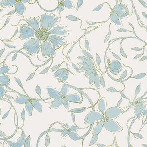 Pillow Talk in Dawn Daydream Collection Vintage watercolor floral vine linen cream, blue, green