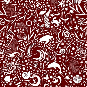 Red Ocean Creatures Silhouette Pattern