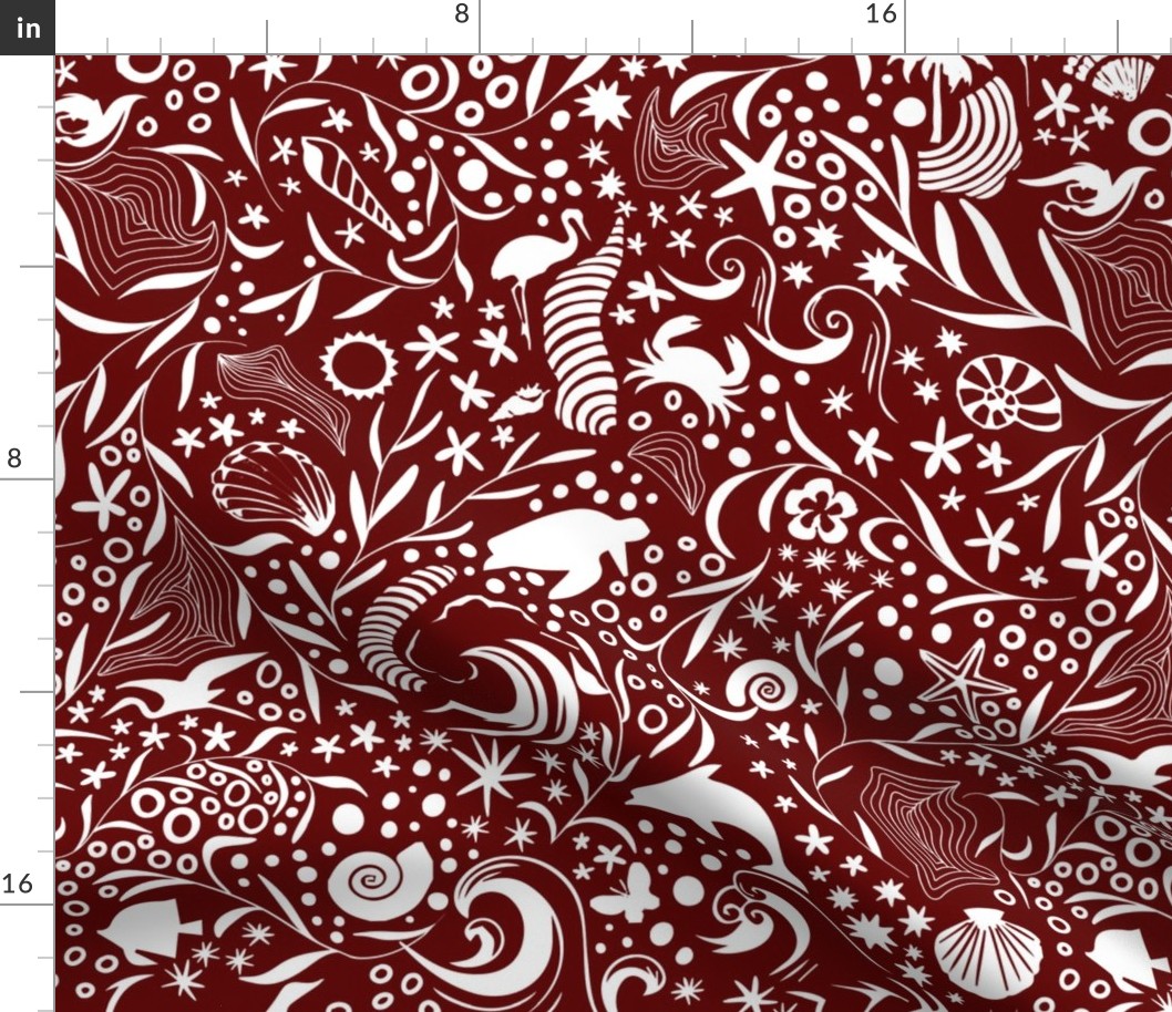 Red Ocean Creatures Silhouette Pattern