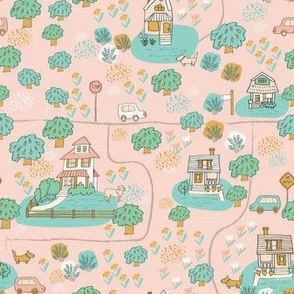 Small - Neighborhood Walk and Houses - Pittsburgh Neighborhood - Pink - Mint - Hello Spring