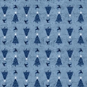 Pretty Navy & Indigo Christmas Trees & Reindeer Pattern on Blue