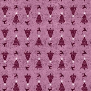 Pretty Maroon & Magenta Christmas Trees & Reindeer Pattern on Pink 