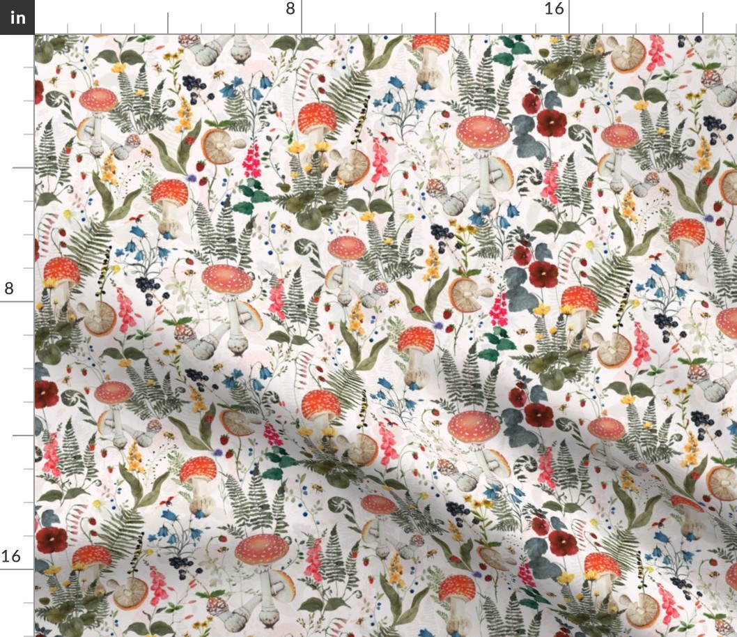 Day in the forest - home decor mushrooms fabric,mushrooms fabric - berries fabric - Psychadelic  Mushroom Wallpaper double layer - off white