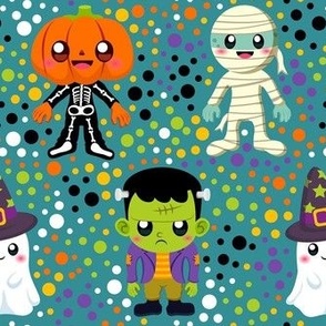 Medium Scale Halloween Monster Costumes Ghost Mummy Pumpkinhead Frankenstein Colorful Polkadots on Turquoise
