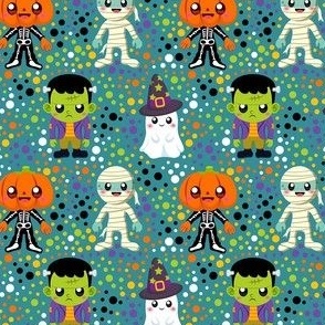 Small Scale Halloween Monster Costumes Ghost Mummy Pumpkinhead Frankenstein Colorful Polkadots on Turquoise