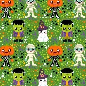 Small Scale Halloween Monster Costumes Ghost Mummy Pumpkinhead Frankenstein Colorful Polkadots on Green