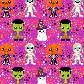 Small Scale Halloween Monster Costumes Ghost Mummy Pumpkinhead Frankenstein Colorful Polkadots on Fuchsia Hot Pink