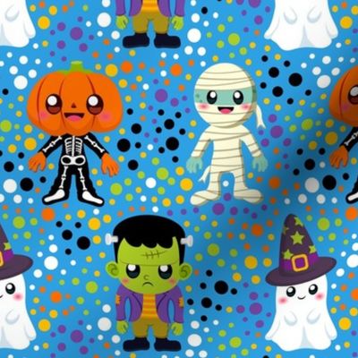 Medium Scale Halloween Monster Costumes Ghost Mummy Pumpkinhead Frankenstein Colorful Polkadots on Blue