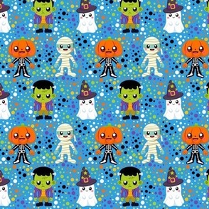 Small Scale Halloween Monster Costumes Ghost Mummy Pumpkinhead Frankenstein Colorful Polkadots on Blue