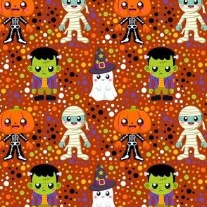 Small Scale Halloween Monster Costumes Ghost Mummy Pumpkinhead Frankenstein Colorful Polkadots on Burnt Orange