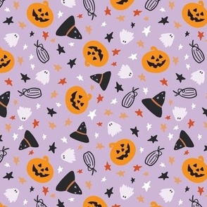 Halloween fun purple. Pumpkins, ghosts, stars.