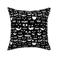 Jack O Lantern face doodles | Small Scale | Ghostly white, classic black | black and white halloween