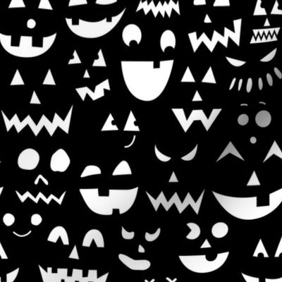Jack O Lantern face doodles | Small Scale | Ghostly white, classic black | black and white halloween