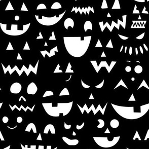 Jack O Lantern face doodles | Small Scale | Ghostly white, classic black | black and white halloween