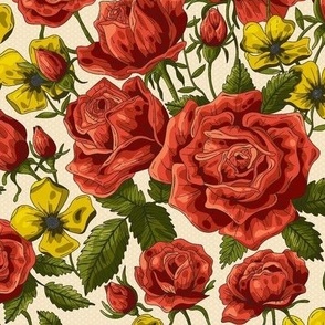 Vintage Roses and Buttercups Floral Design / Medium Scale