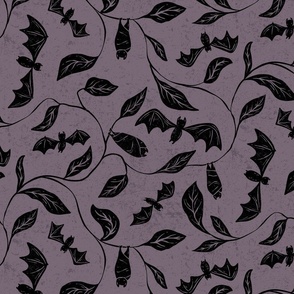 Bat Forest - cute bats among leaves - textured purple and black - medium