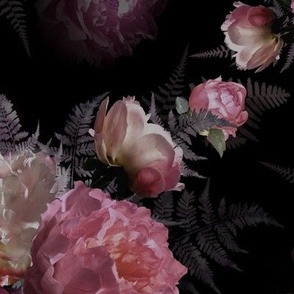 Large Dark and Moody Peonies and Ferns on Black