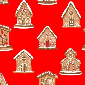 Christmas Gingerbread Candy Houses on Red