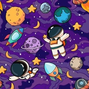 space seamless pattern with planets and astronauts purple blue yellow orange colorful pattern