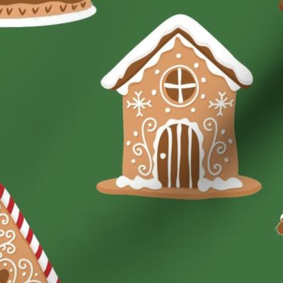 Christmas Gingerbread Candy Houses on Christmas Tree Green