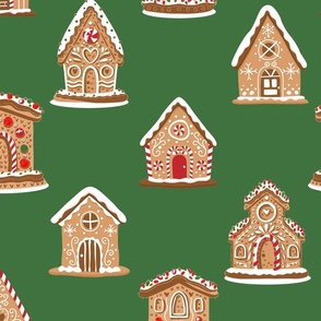 Christmas Gingerbread Candy Houses on Christmas Tree Green