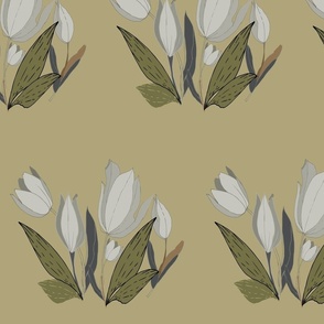 Gray Tulips with Light and Dark Brown Leaves with Tan Background