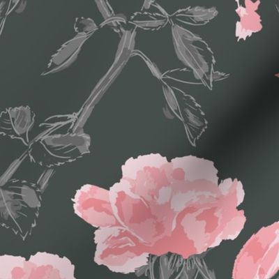 (L) Roses Rosebuds Petals in Pink on Dark Grey | Large Scale
