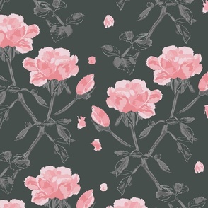 (L) Roses Rosebuds Petals in Pink on Dark Grey | Large Scale