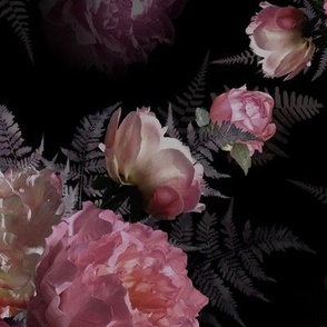 Small Dark and Moody Peonies and Ferns on Black