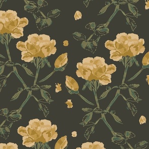 (L) Roses Rosebuds Petals in Gold Yellow on Dark Brown | Large Scale