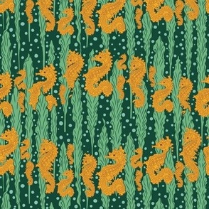Small Art Nouveau Herds of Seahorses surrounded by Seaweed with Forest Green Background