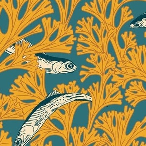 Large Art Nouveau Herring and Seaweed with Whaling Waters Teal Blue Background