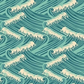 Small Art Nouveau Crushing Waves Ocean Waves in Light Blue and Aquamarine Green Background