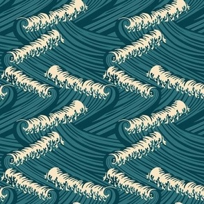 Small Art Nouveau Crushing Ocean Waves in Dark Blue and Teal Background