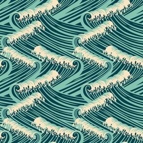 Small Art Nouveau Crushing Waves Ocean Waves in Dark Teal Cyan and Aquamarine Green Background